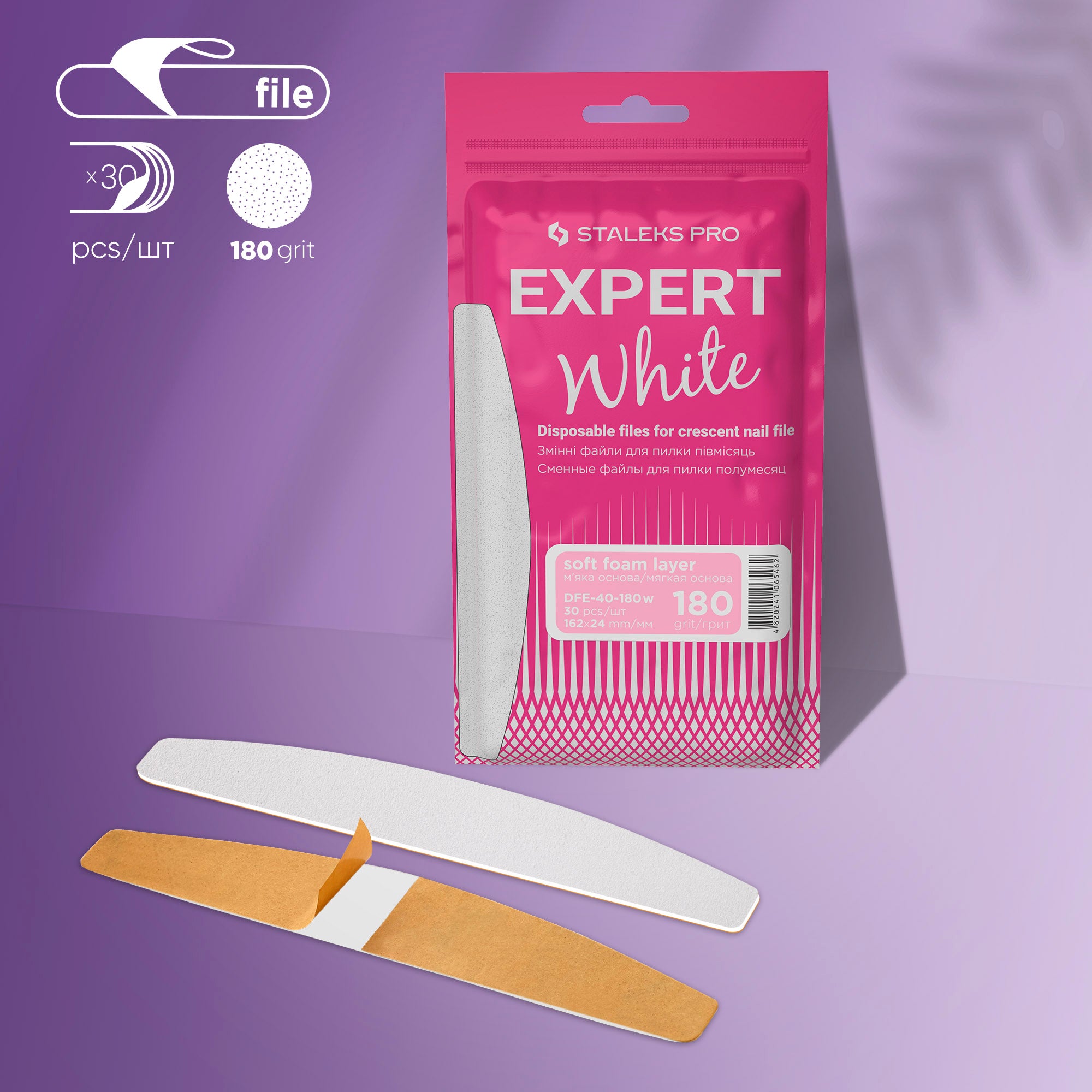 White disposable files for crescent nail file (soft base) Staleks Pro Expert 40, 180 grit (30 pcs) image 0